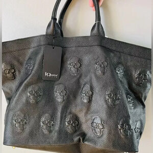 IO Pelle Italian Black Skull Leather XL Weekender Tote Crossbody NWT